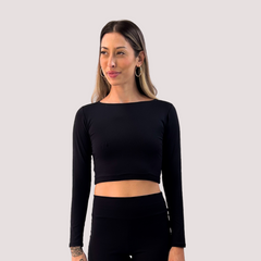 CROPPED MANGA LONGA PRETO